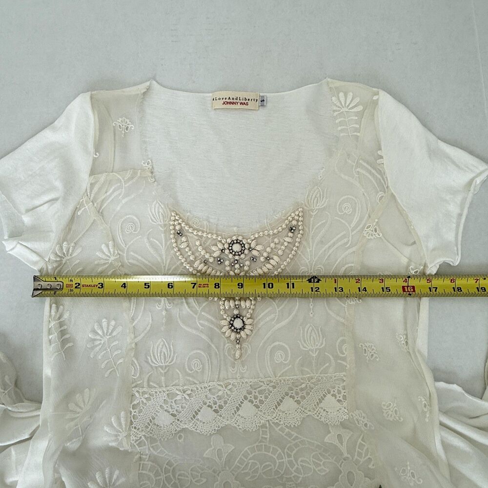 Johnny Was Love & Liberty Shirt Womens Small Embroidered Beaded Cotton Sheer - Picture 7 of 10